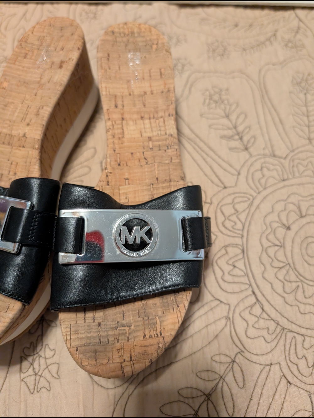 Michael Kors Black Leather Cork Wedge Slides with Silver MK Emblem